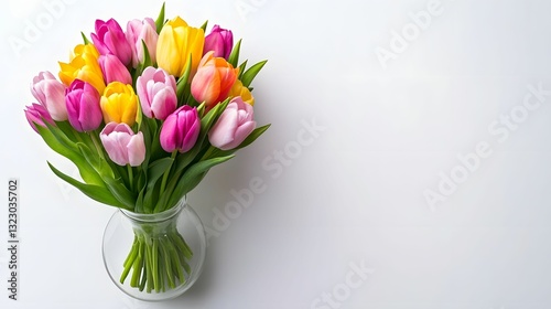 Wallpaper Mural A vibrant bouquet of tulips in various colors displayed in a clear vase against a simple background. Torontodigital.ca