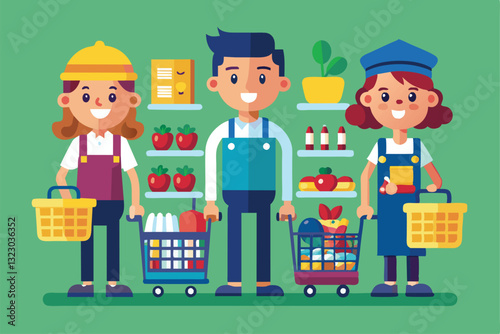 Three supermarket workers smile while holding shopping baskets and standing by shelves filled with products, Supermarket workers Customizable Flat Illustration