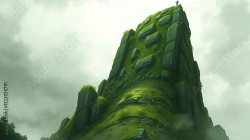 Verdant stone giant emerges from the mist, overlooking the valley with a solemn gaze. Verdant. Illustration