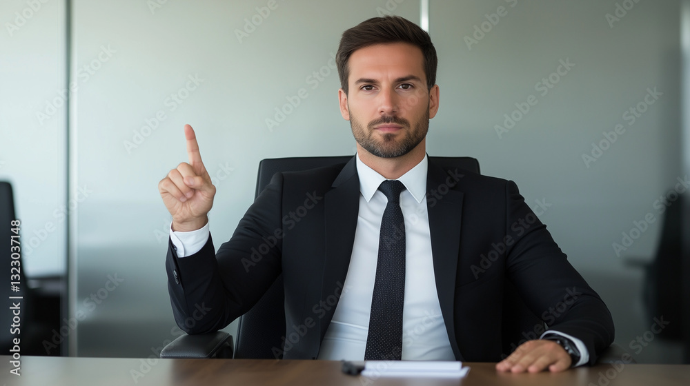 Confident Leader: A focused businessman, smartly dressed in a suit, raises his index finger in a gesture of making a point or giving instructions, in a modern office setting. Confident Leader: A focused businessman, smartly dressed in a suit, raises his index finger in a gesture of making a point or giving instructions, in a modern office setting.