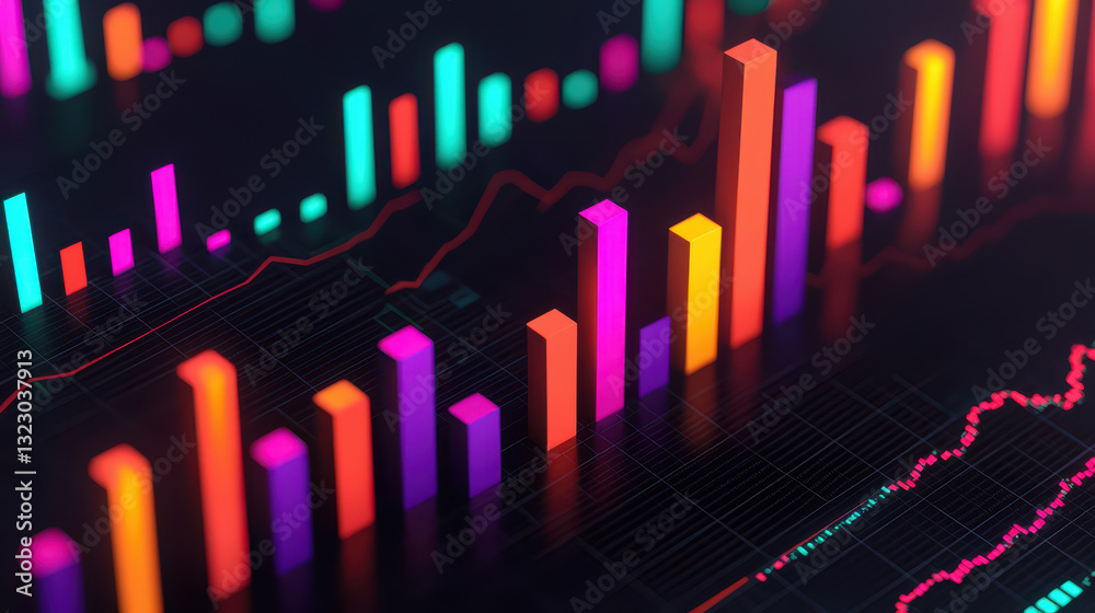 Colorful data visualization with vibrant bars and lines representing statistics Colorful data visualization with vibrant bars and lines representing statistics