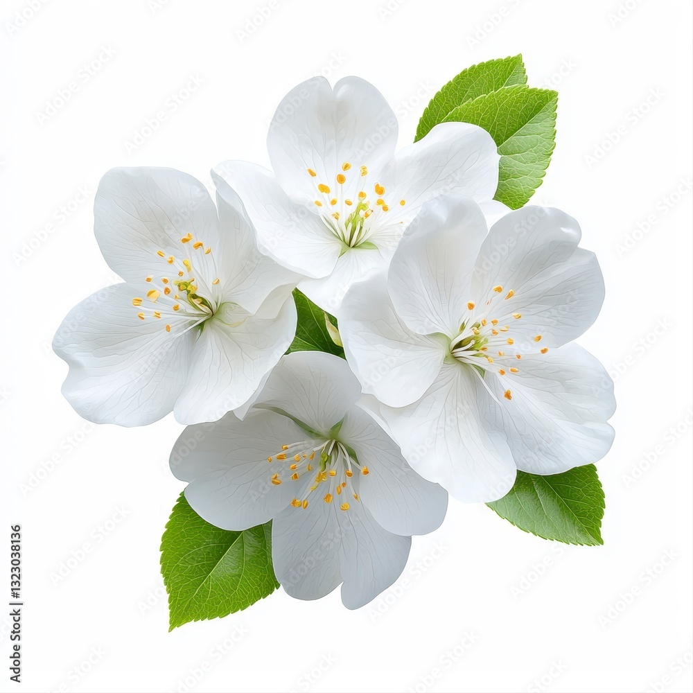 Fototapeta premium Closeup of Delicate White Apple Blossoms with Green Leaves on White Background