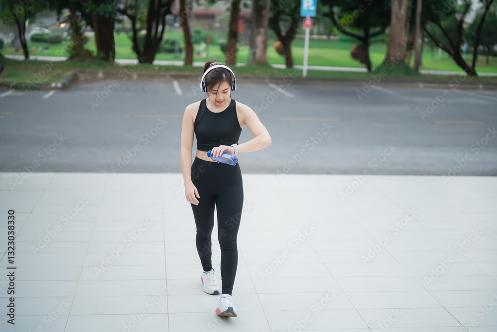 Asian Young woman in black athletic wear checking fitness tracker while walking outdoors in a park with green trees in the background Asian Young woman in black athletic wear checking fitness tracker while walking outdoors in a park with green trees in the background
