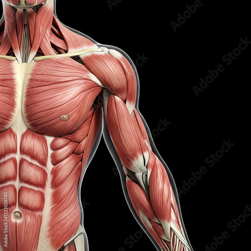 human body anatomy. Detailed Illustration of Human Muscular System Showing Arm, Chest, and Abdominal Muscles.