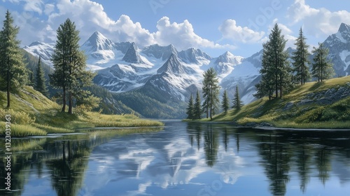 A quiet mountain range at sunrise with snow-capped peaks and vibrant skies.