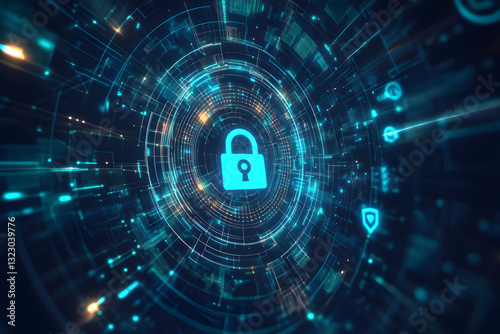 Wallpaper Mural A cybersecurity concept featuring a padlock icon at the center, surrounded by a digital network Torontodigital.ca