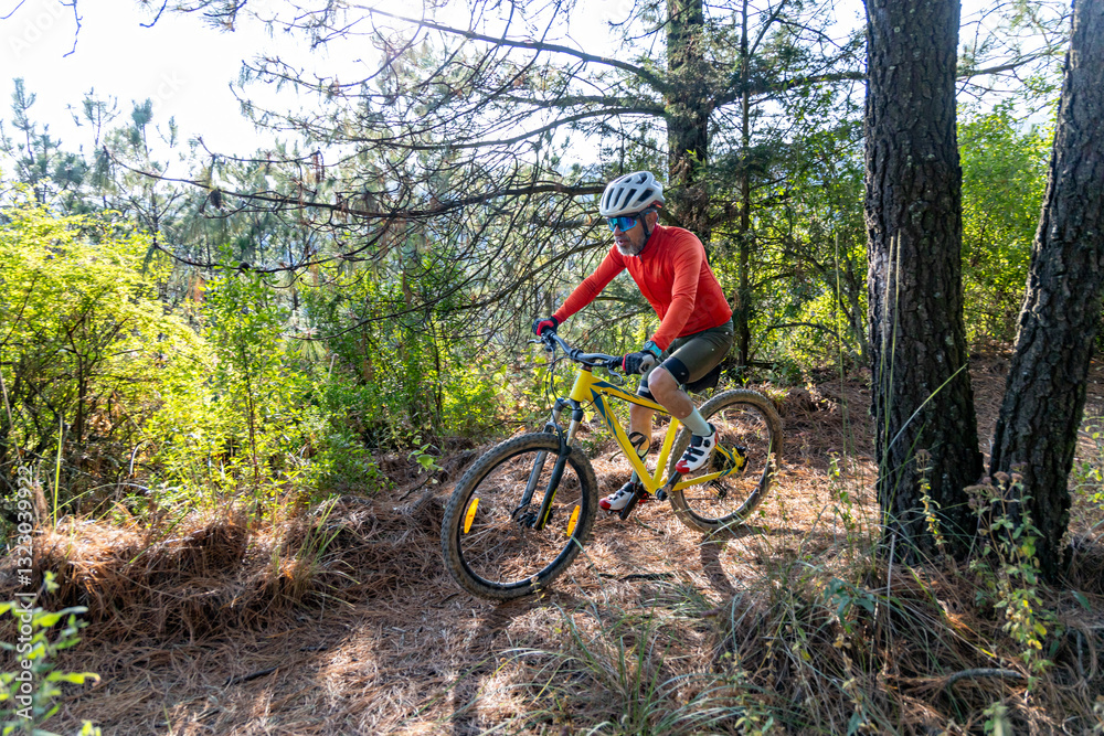 Experienced cyclist traversing forest trails on a mountain bike Experienced cyclist traversing forest trails on a mountain bike