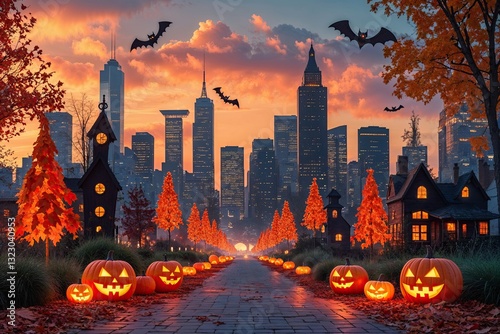 Enchanting Halloween City Skyline Capturing Festive Autumn Vibes and Playful Decorations