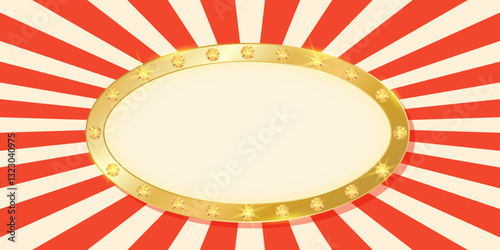 Golden oval frame on retro circus background with empty copy space. Vector illustration for casino, amusement park, carnival, funfair and other events and performance
