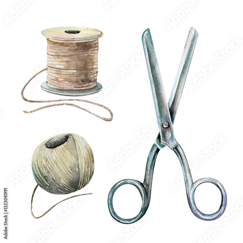 Sewing kit scissors, skein and ball of thread, twine watercolor drawn isolated on white background