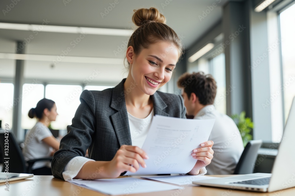 A Young Professional Woman Engaged in Document Review at a Modern Office Workspace, Smiling and Focused on Her Work A Young Professional Woman Engaged in Document Review at a Modern Office Workspace, Smiling and Focused on Her Work