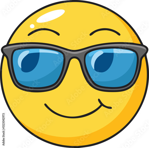 Cool emoji with sunglasses and a confident smile, A yellow emoji with blue sunglasses and a confident smile, exuding a cool, relaxed, and playful vibe.
