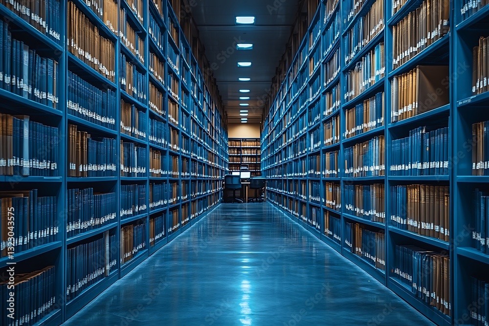 Fototapeta premium Serene Blue Library Aisles Rows of Books, Knowledge, and Research
