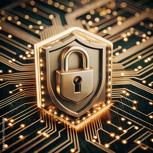 Cybersecurity Protection: Gold Shield and Padlock on Circuit Board - Digital Security Concept