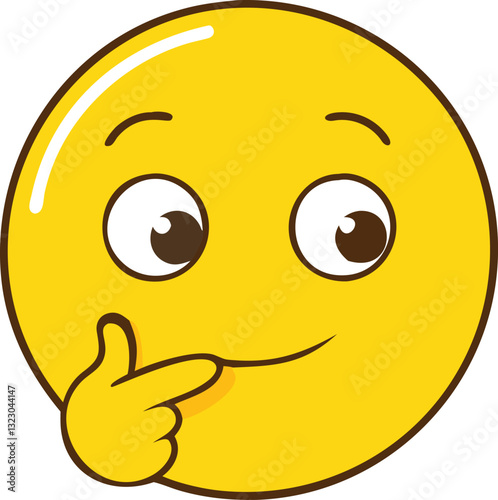 Thinking emoji with finger on chin, A yellow thinking emoji with a hand on its chin, conveying curiosity, contemplation, or deep thought in a playful and cute manner.
