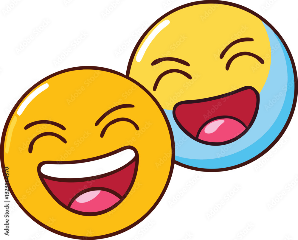 Fototapeta premium Two laughing smiley face emojis with wide smiles, Two joyful yellow and blue laughing emojis with wide smiles, expressing laughter and happiness in a fun and playful manner. 