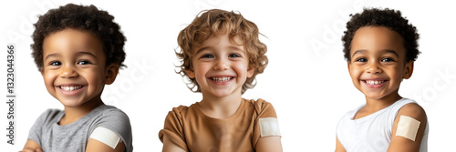 Three Children Smiling After Vaccination Shots Happy Healthy Kids Childhood Immunization isolated on transparent Background