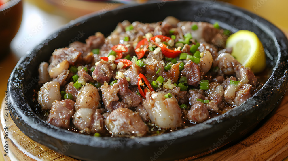 Delicious Sisig Dish Featuring Tender Pork Cheeks and Liver on a Sizzling Plate from the Philippines Delicious Sisig Dish Featuring Tender Pork Cheeks and Liver on a Sizzling Plate from the Philippines