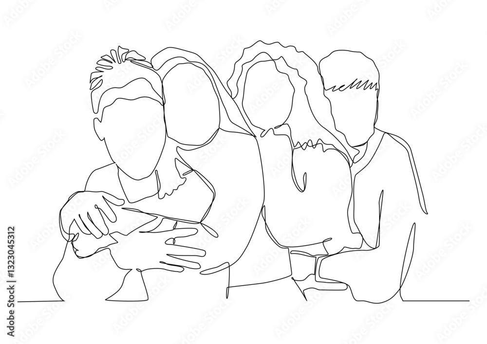 Continuous one line art of women stand with palms together. concept women's friendship, women's solidarity, women's collective or team, feminism.
Continuous one line art of women stand with palms together. concept women's friendship, women's solidarity, women's collective or team, feminism.