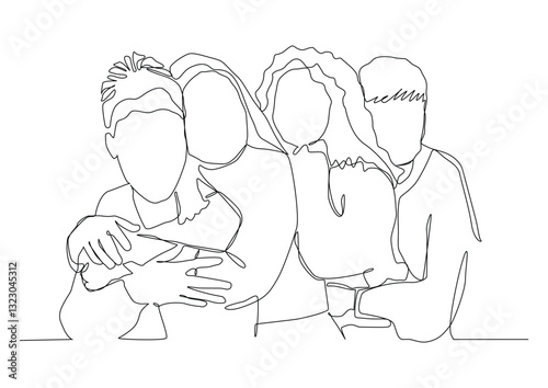 Continuous one line art of women stand with palms together.  concept women's friendship, women's solidarity, women's collective or team, feminism.
