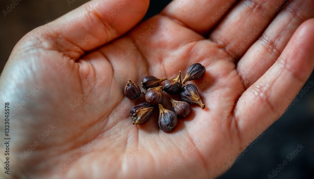 Obraz premium Fresh cloves on palm hand wallpaper. Cloves background