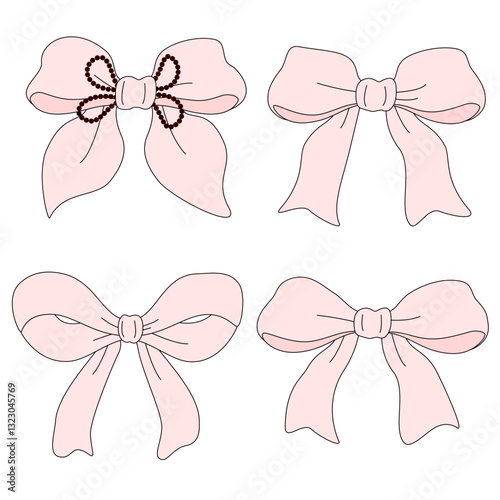 Elegant Whimsical Hand-Drawn Decorative pink Bow.  Vector Illustration. 
Perfect for quirky holiday, wedding, birthday decorations. 
Vector Illustration in Vintage and Retro Style