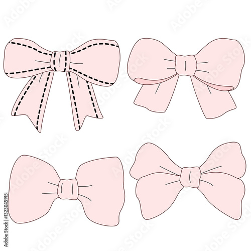 Elegant Whimsical Hand-Drawn Decorative pink Bow.  Vector Illustration. 
Perfect for quirky holiday, wedding, birthday decorations. 
Vector Illustration in Vintage and Retro Style