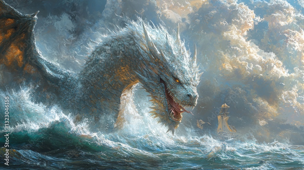 Obraz premium Majestic ice dragon emerging from stormy ocean waves.