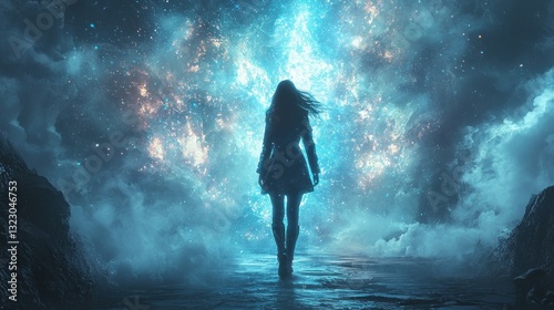 Woman facing bright cosmic energy portal.