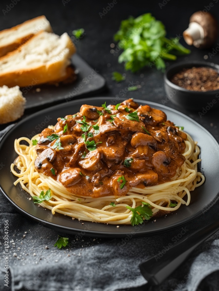 Fototapeta premium Serving of Mushroom Pasta with Bread on a Dark Table Setting