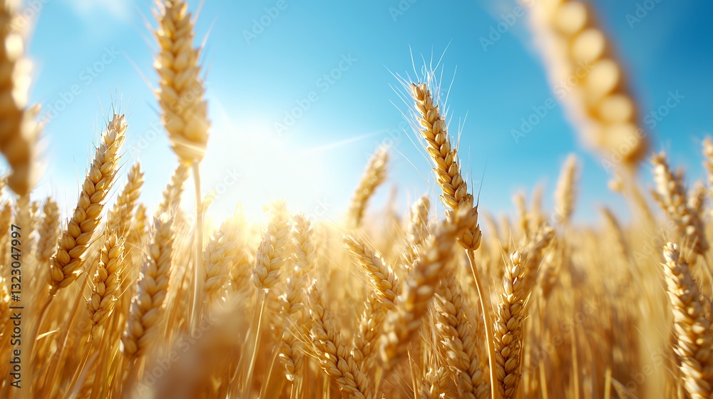 Fototapeta premium Wheat Field Bathed in Soft Sunlight Under Clear Blue Sky