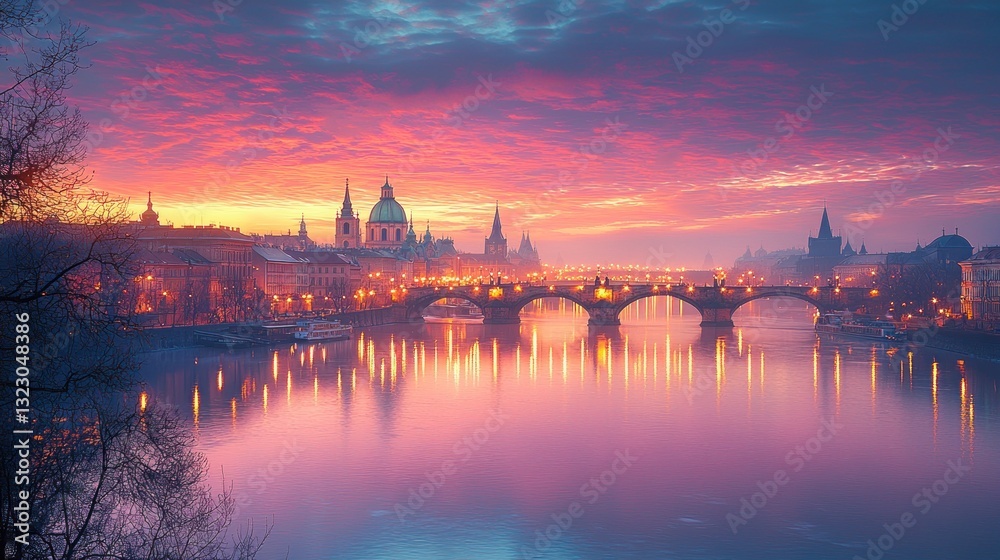 Fototapeta premium Sunrise over Prague's Charles Bridge and Vltava River.