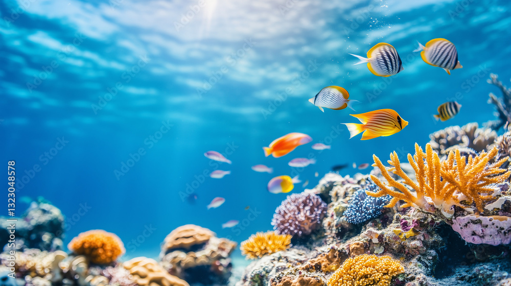 Naklejka premium Underwater Paradise: Vivid colors and a thriving ecosystem showcase an underwater scene, a vibrant coral reef teeming with diverse fish, offering a glimpse into the wonders of marine life.