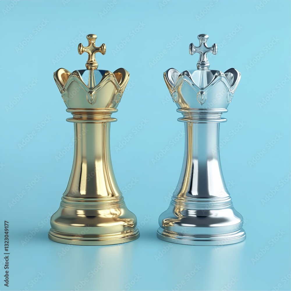Gold and Silver Chess Queens on Blue Background: Luxury 3D Rendered Chess Pieces, Elegant Game Design Gold and Silver Chess Queens on Blue Background: Luxury 3D Rendered Chess Pieces, Elegant Game Design
