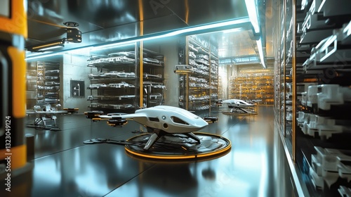 Futuristic hangar; drones, vehicle storage, sleek design.