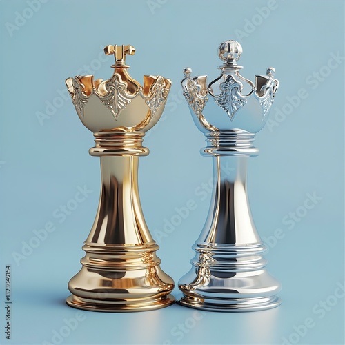 Gold and Silver Chess Queens: Luxurious Metal Chess Pieces, Elegant Game Set, 3D Render, Competition Concept