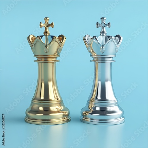 Gold and Silver Chess Queens on Blue Background: Luxury 3D Rendered Chess Pieces, Elegant Game Design
