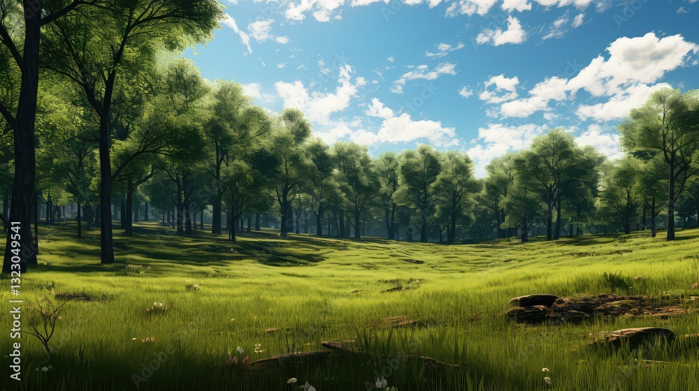Naklejka premium tranquility green grass and trees