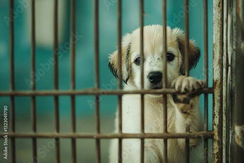 Stray homeless dog in animal shelter cage. Sad abandoned hungry puppy found the street waiting for owner. Pets adoption, rescue, help for pets
