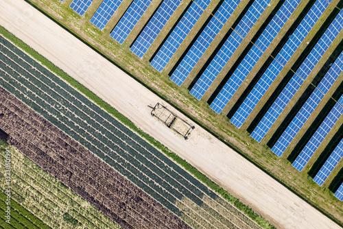 Aerial view of fields farming lands and solar panel field in Southern California