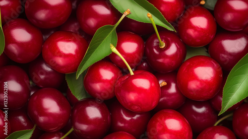 Burst of Cherry Delight: A close-up, photorealistic image captures the vibrant red of a bountiful harvest of cherries, some with delicate green leaves.