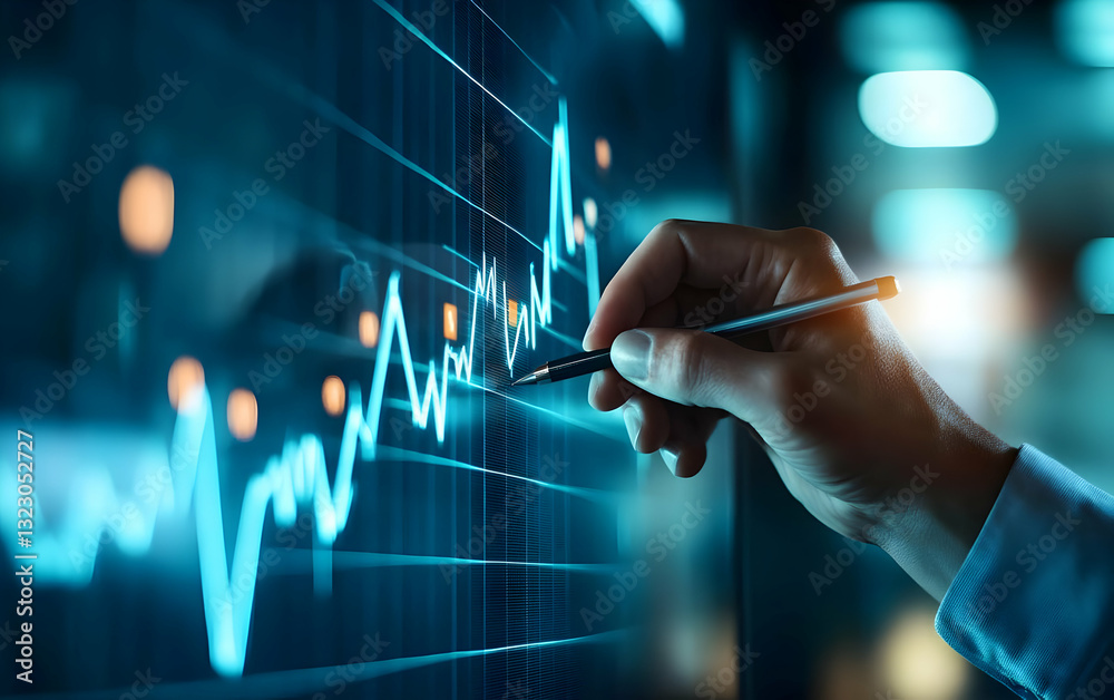 Fototapeta premium A close-up of a hand using a stylus to analyze financial data on a digital screen showcasing trend lines and graphs.