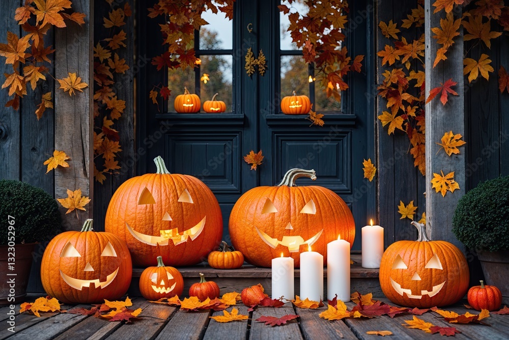 Obraz premium Halloween Pumpkins and Candles on a Wooden Porch Surrounded by Autumn Leaves