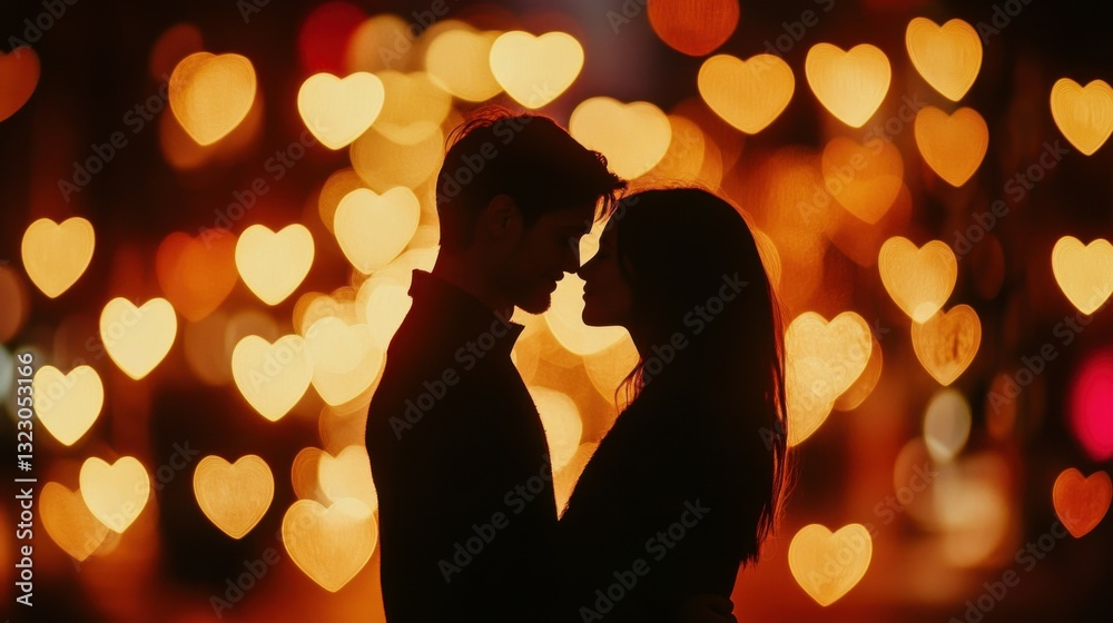 Silhouette of a couple in an intimate embrace, surrounded by glowing heart-shaped bokeh lights, evoking a romantic atmosphere. Silhouette of a couple in an intimate embrace, surrounded by glowing heart-shaped bokeh lights, evoking a romantic atmosphere.