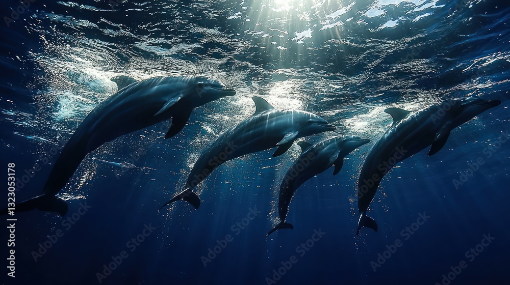 Fototapeta premium Four dolphins swimming underwater, sunlit.