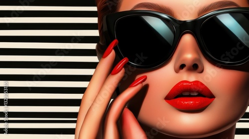 Portrait closeup of a pretty young woman in stylish sunglasses with red lipstick and nails next to a striped background. Fashion and beauty concept. AI Generated
