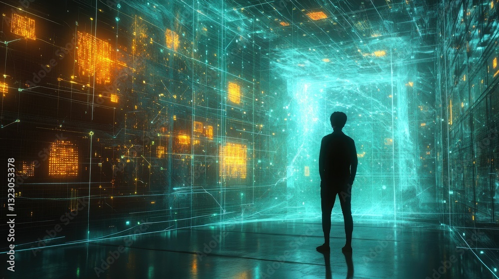 Silhouette observes glowing, digital, gridded space. Silhouette observes glowing, digital, gridded space.