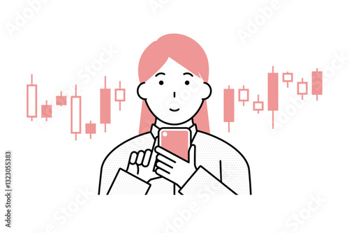 スマホで株取引を行う若い女性のイメージイラスト