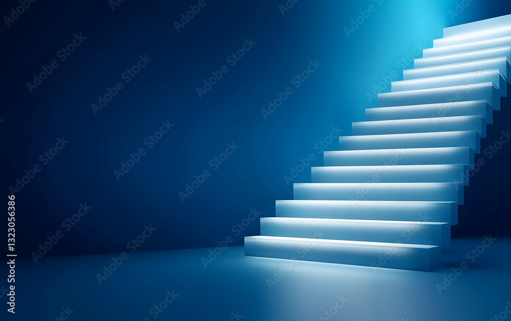 A modern staircase illuminated with soft blue light, creating a serene and stylish ambiance in a minimalistic space. A modern staircase illuminated with soft blue light, creating a serene and stylish ambiance in a minimalistic space.