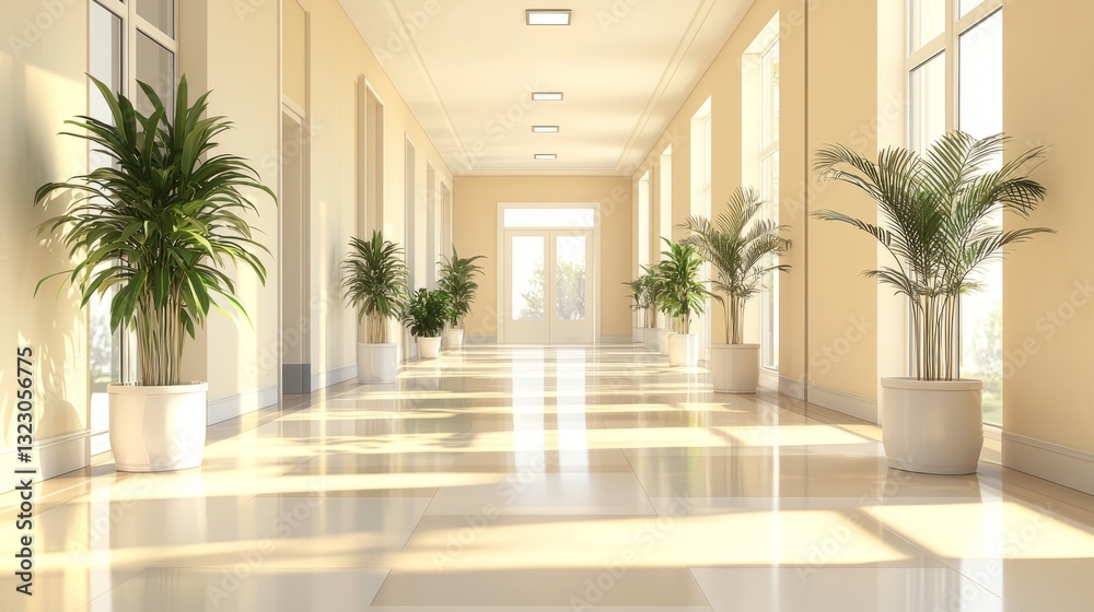 Bright and Spacious Corridor with Potted Plants and Natural Light